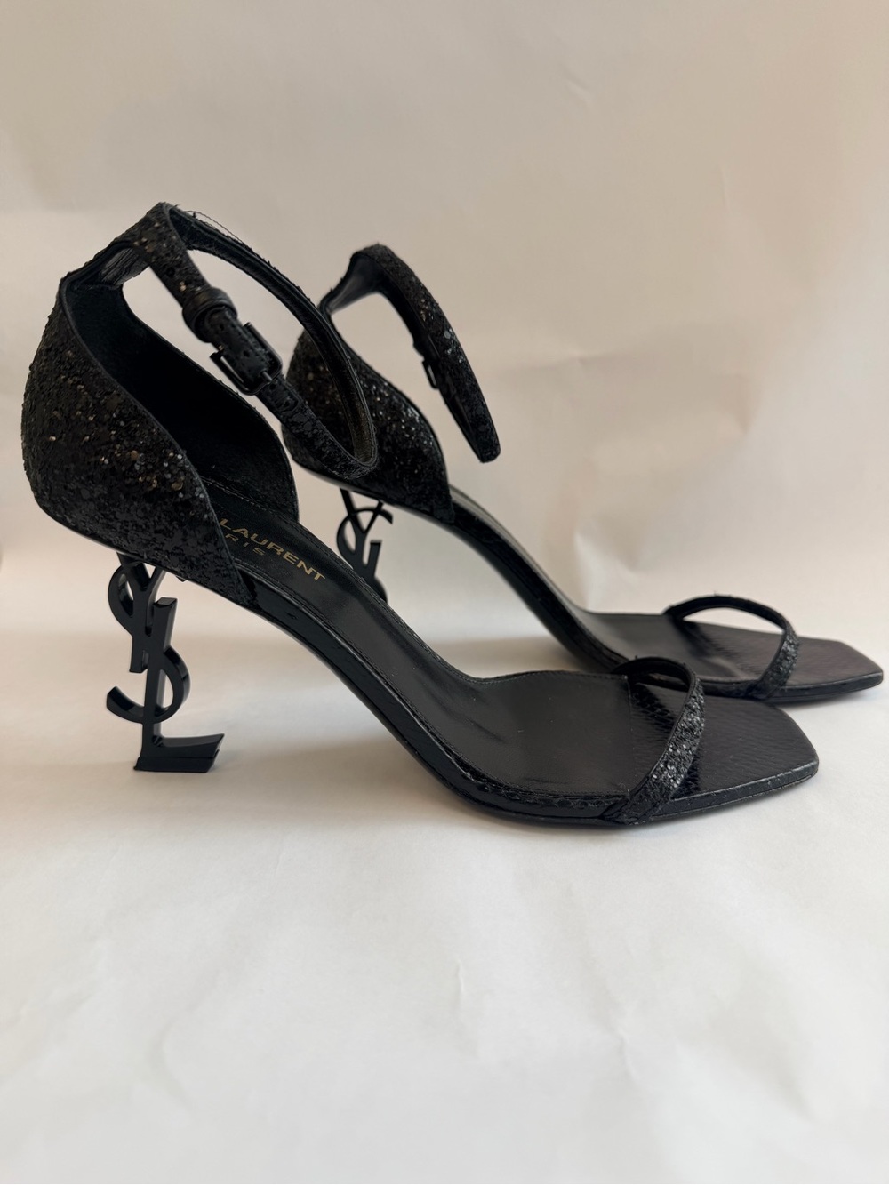 Saint Laurent Opyum Ankle Strap Sandals YSL Monogram Heel Black Glitter 39 - Picture 2 of 13